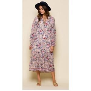 RAGA victoria Floral Lined Long Sleeve Drop Waist Maxi Dress Multicolor M